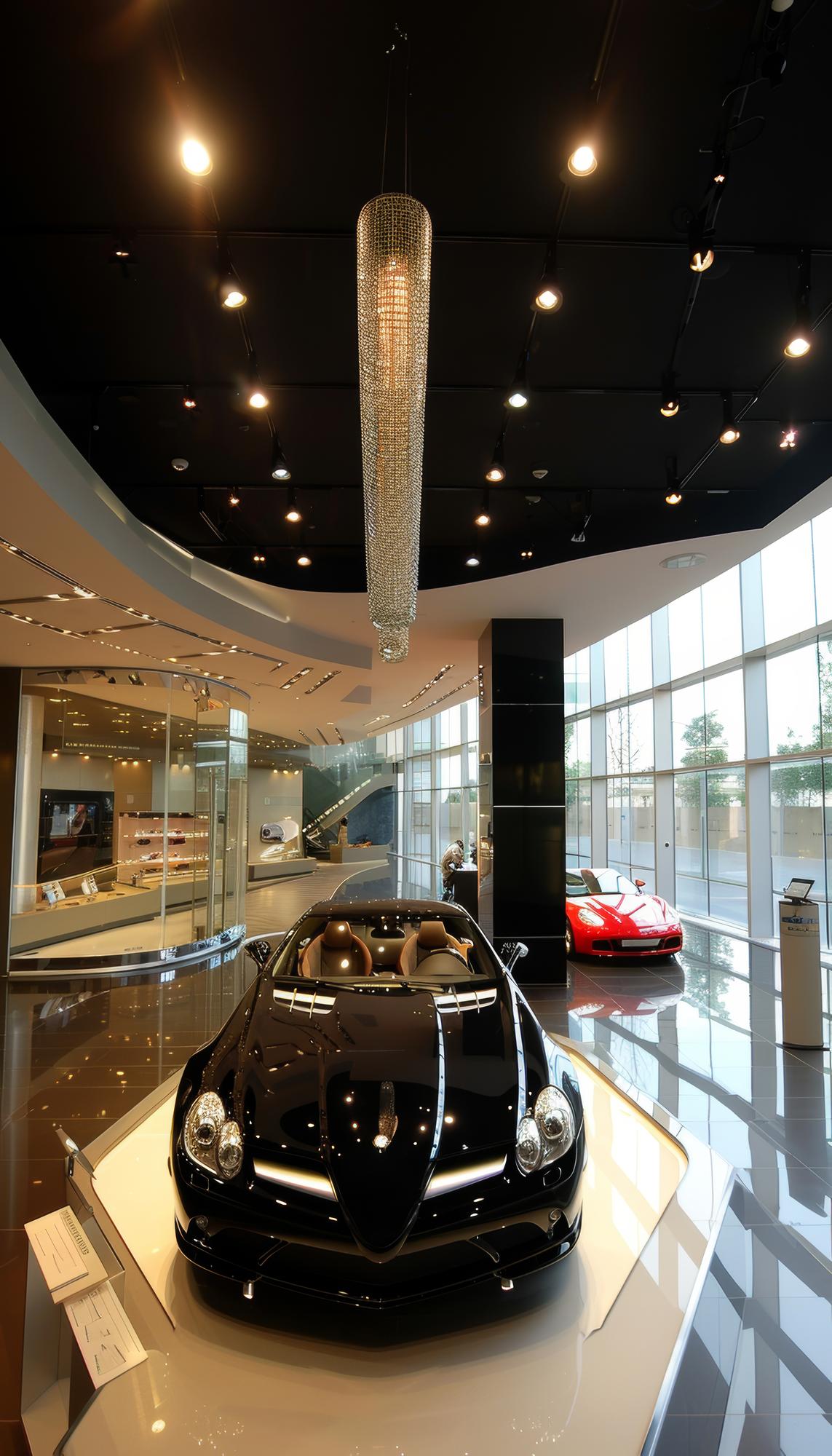 照明の当たったショールームの展示台に置かれた黒い高級車と背後の赤いスポーツカー